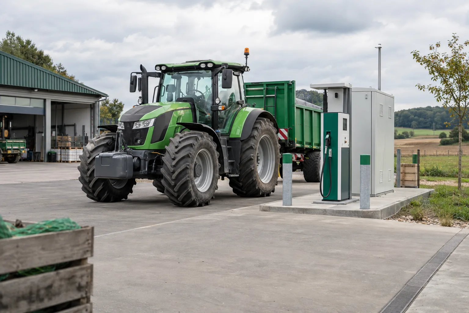 CNG-Traktor an einer kompakten Tankanlage – KI-Illustration