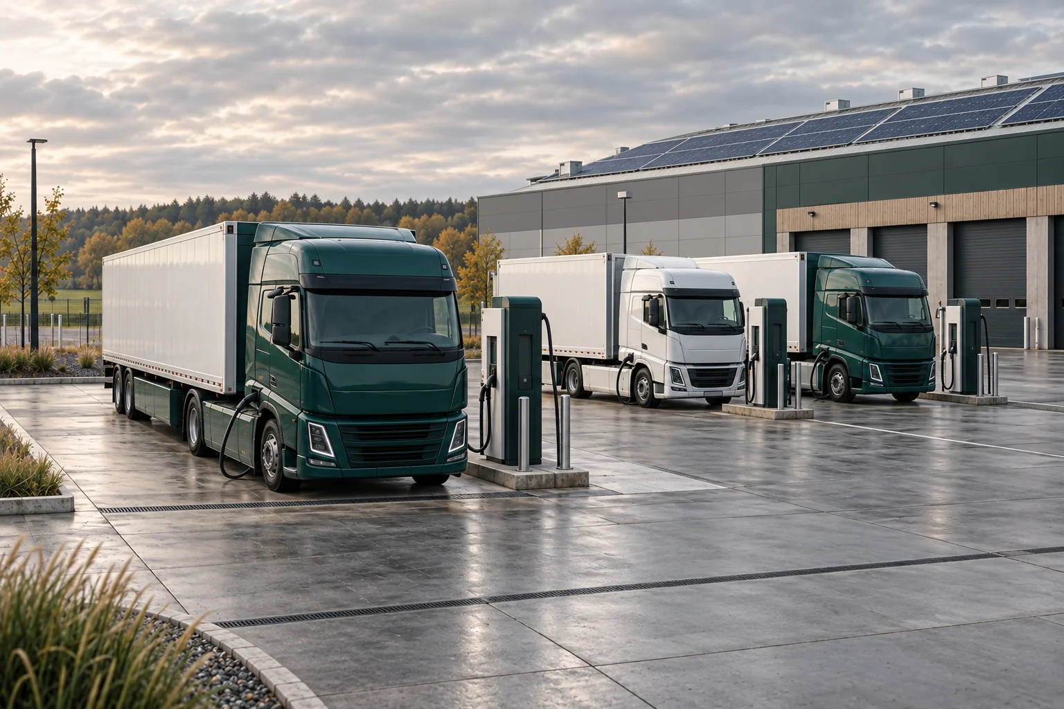 KI-Konzeptillustration eines Lkw-Depots mit Ladepunkten und Photovoltaik auf dem Hallendach