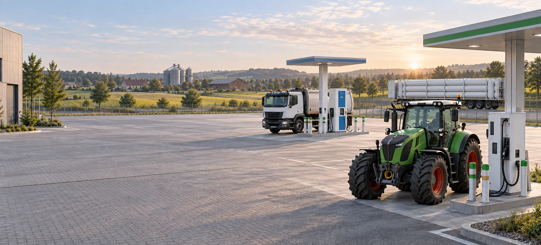 KI-Illustration eines Mobilitätsstandorts mit Traktor, Gas-Trailer und Wasserstofftankbereich